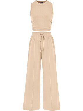 Women's Apricot 2 Piece Outfits Ribbed Knit Lounge Sets Tracksuit Sleeveless